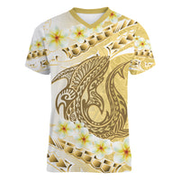 Gold Hawaii Shark Tattoo Women V-Neck T-Shirt Frangipani With Polynesian Pastel Version