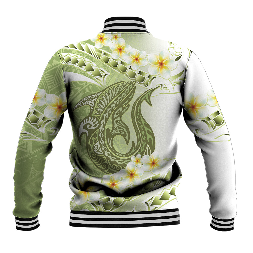 Green Hawaii Shark Tattoo Baseball Jacket Frangipani With Polynesian Pastel Version LT14 - Polynesian Pride