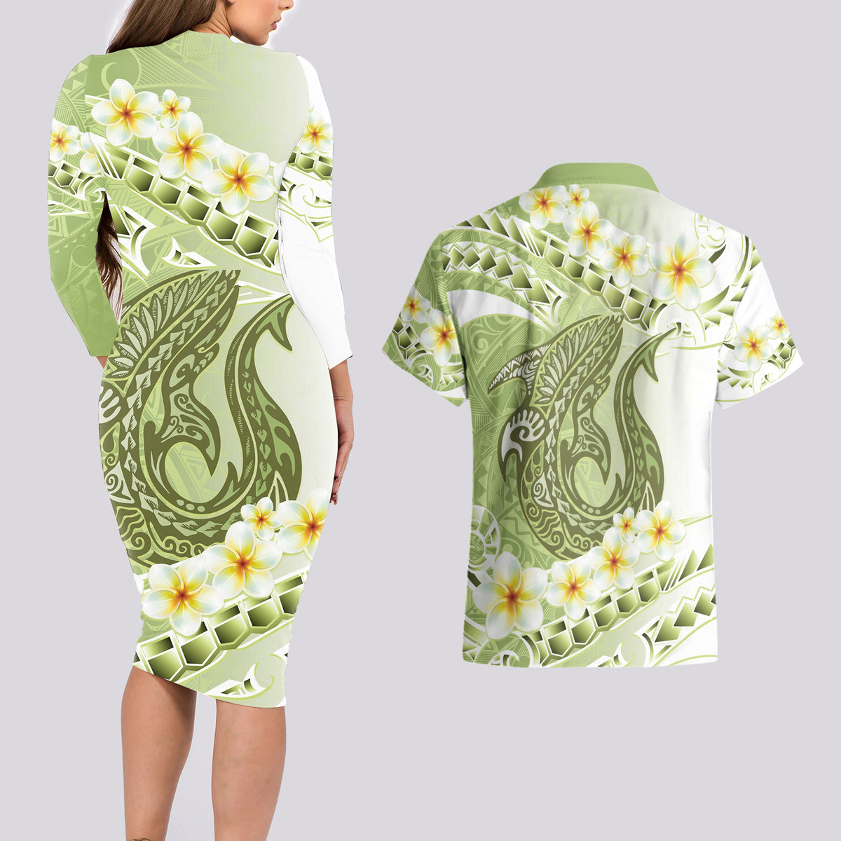Green Hawaii Shark Tattoo Couples Matching Long Sleeve Bodycon Dress and Hawaiian Shirt Frangipani With Polynesian Pastel Version