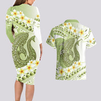 Green Hawaii Shark Tattoo Couples Matching Long Sleeve Bodycon Dress and Hawaiian Shirt Frangipani With Polynesian Pastel Version