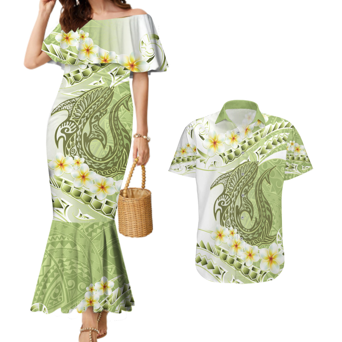 Green Hawaii Shark Tattoo Couples Matching Mermaid Dress and Hawaiian Shirt Frangipani With Polynesian Pastel Version