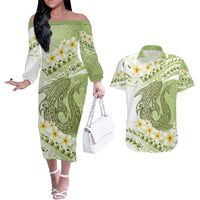 Green Hawaii Shark Tattoo Couples Matching Off The Shoulder Long Sleeve Dress and Hawaiian Shirt Frangipani With Polynesian Pastel Version
