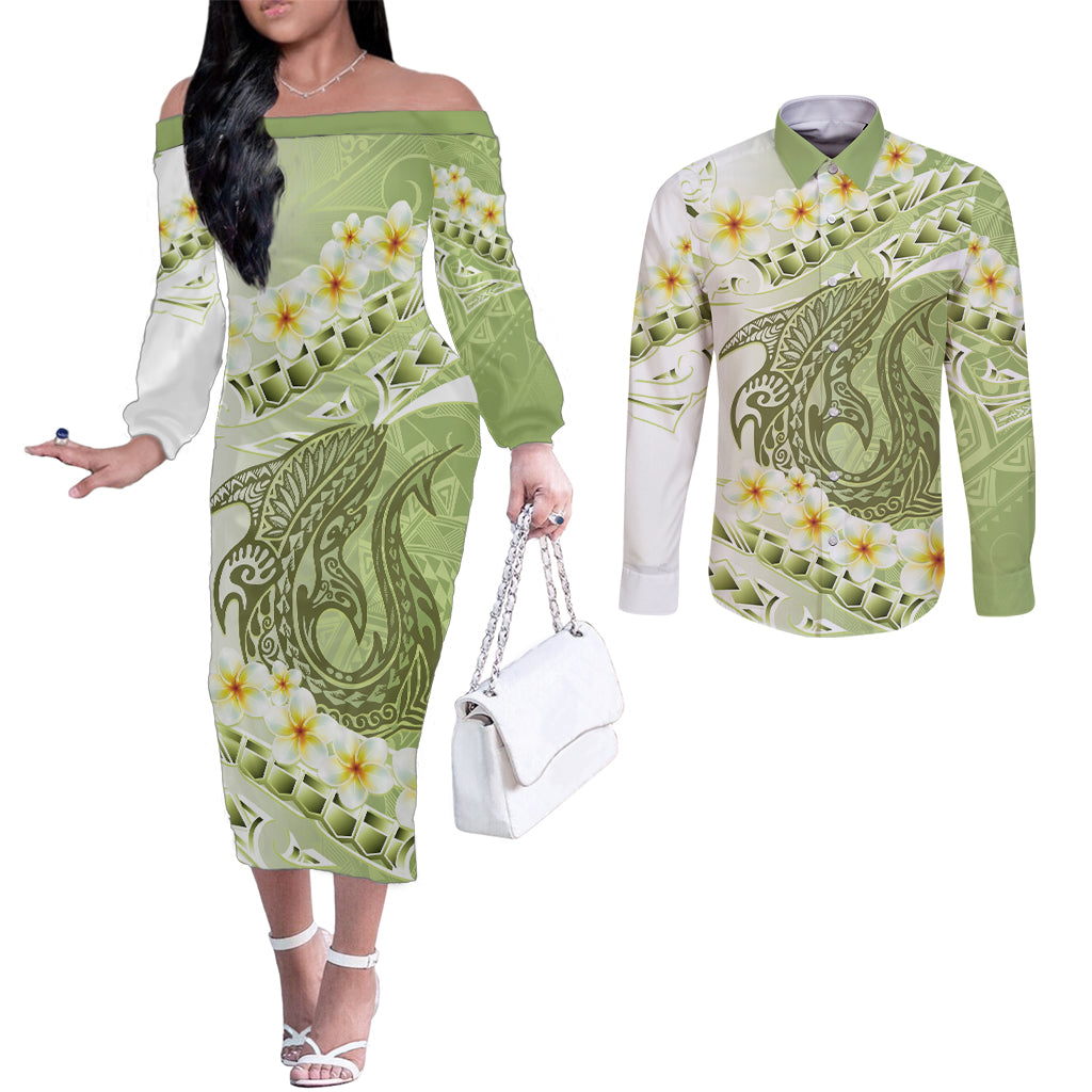Green Hawaii Shark Tattoo Couples Matching Off The Shoulder Long Sleeve Dress and Long Sleeve Button Shirt Frangipani With Polynesian Pastel Version