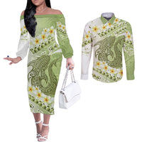 Green Hawaii Shark Tattoo Couples Matching Off The Shoulder Long Sleeve Dress and Long Sleeve Button Shirt Frangipani With Polynesian Pastel Version