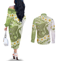 Green Hawaii Shark Tattoo Couples Matching Off The Shoulder Long Sleeve Dress and Long Sleeve Button Shirt Frangipani With Polynesian Pastel Version