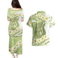 Green Hawaii Shark Tattoo Couples Matching Puletasi and Hawaiian Shirt Frangipani With Polynesian Pastel Version LT14 - Polynesian Pride