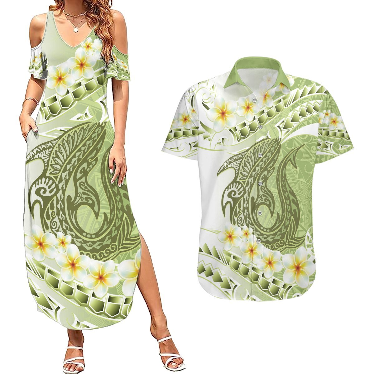 Green Hawaii Shark Tattoo Couples Matching Summer Maxi Dress and Hawaiian Shirt Frangipani With Polynesian Pastel Version LT14 Green - Polynesian Pride