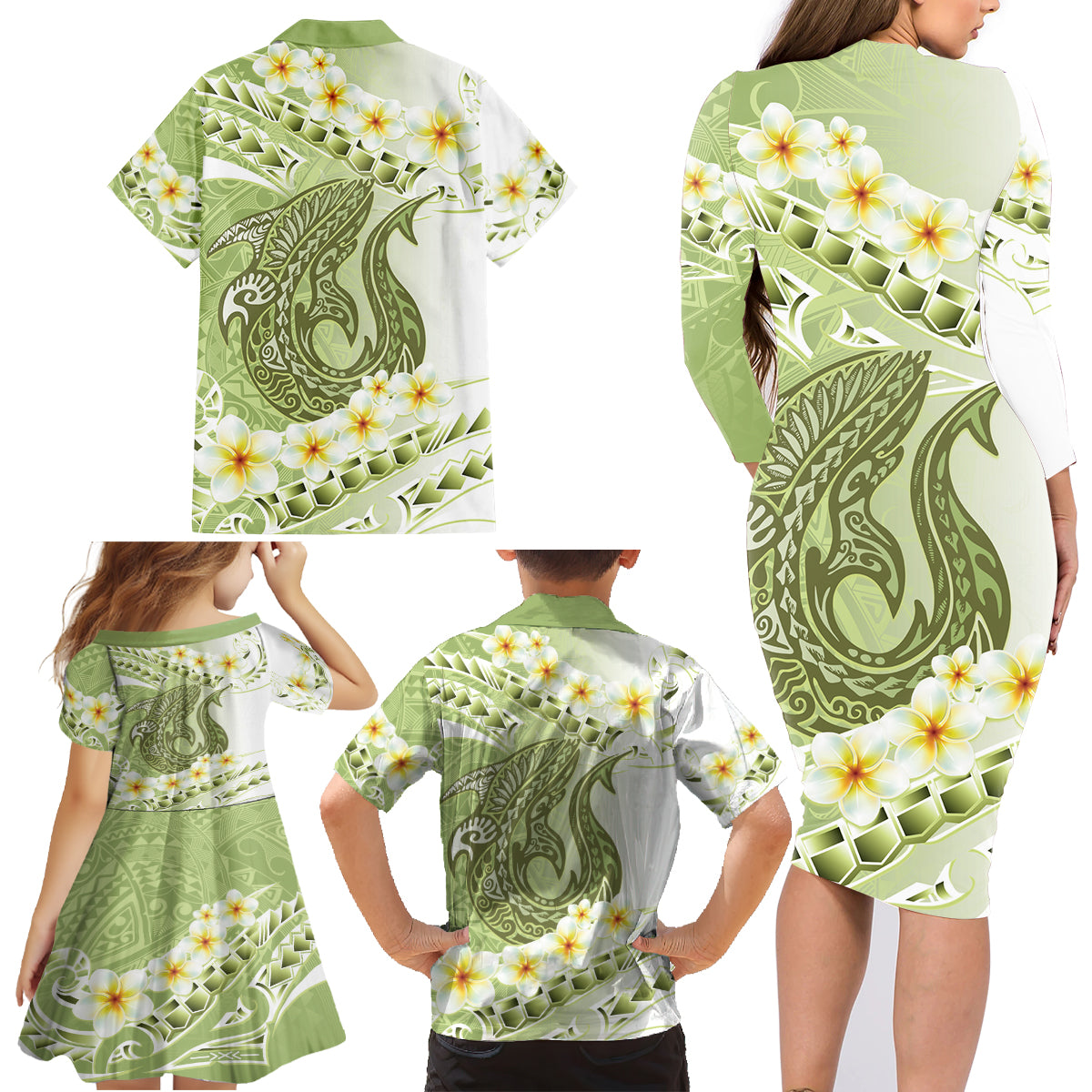 Green Hawaii Shark Tattoo Family Matching Long Sleeve Bodycon Dress and Hawaiian Shirt Frangipani With Polynesian Pastel Version