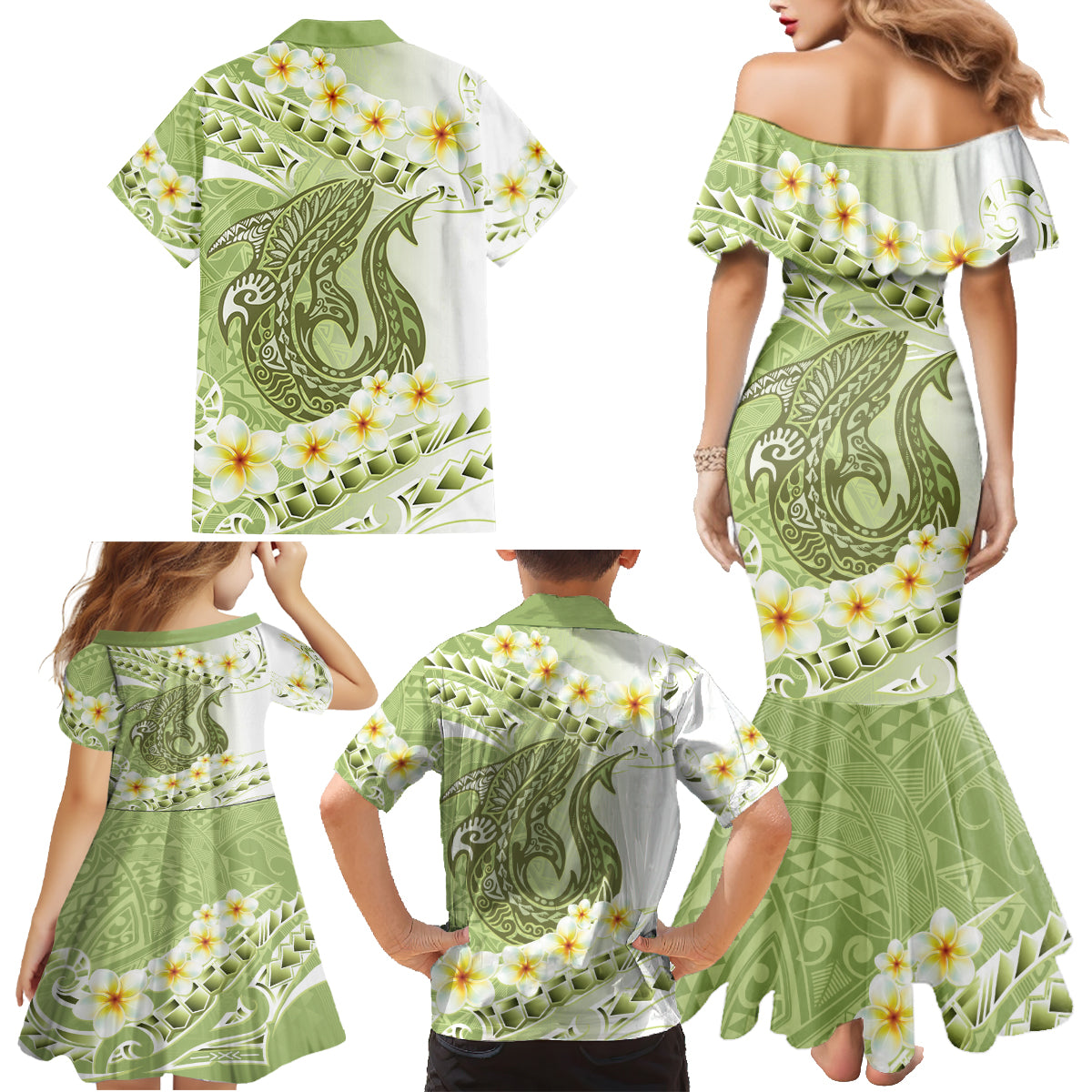 Green Hawaii Shark Tattoo Family Matching Mermaid Dress and Hawaiian Shirt Frangipani With Polynesian Pastel Version