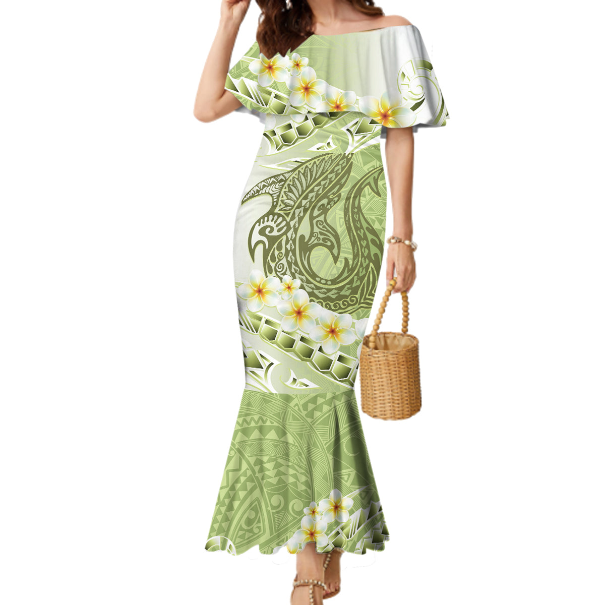 Green Hawaii Shark Tattoo Family Matching Mermaid Dress and Hawaiian Shirt Frangipani With Polynesian Pastel Version