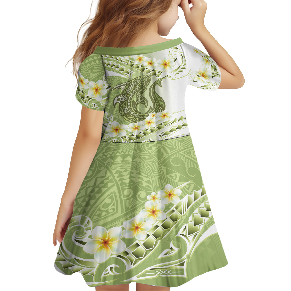 Green Hawaii Shark Tattoo Family Matching Off Shoulder Short Dress and Hawaiian Shirt Frangipani With Polynesian Pastel Version