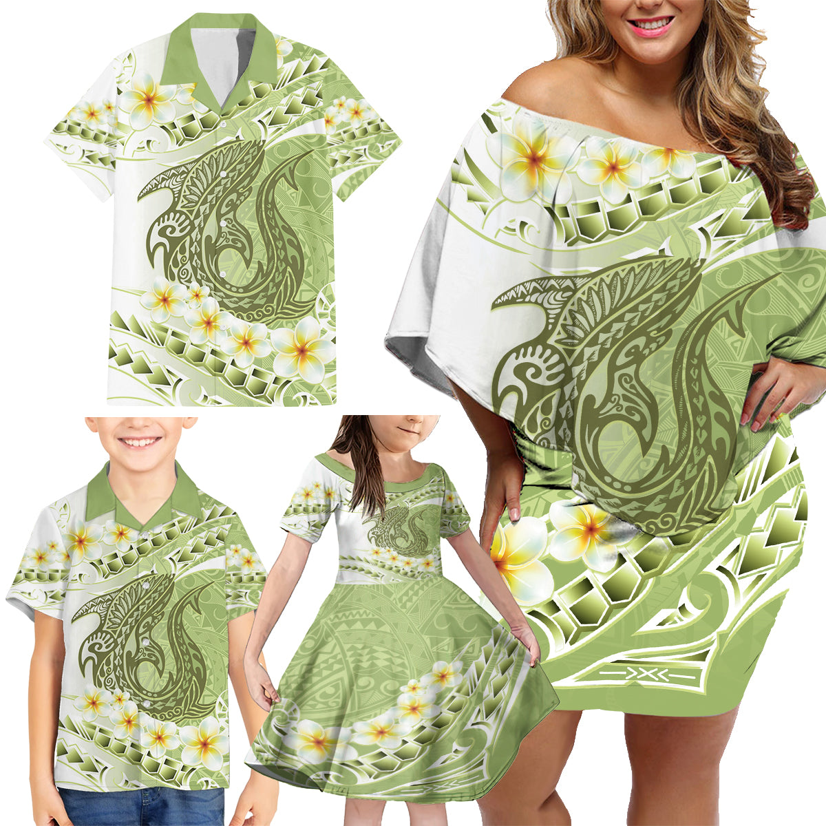 Green Hawaii Shark Tattoo Family Matching Off Shoulder Short Dress and Hawaiian Shirt Frangipani With Polynesian Pastel Version