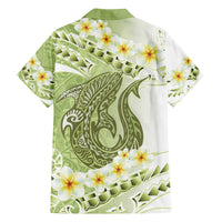 Green Hawaii Shark Tattoo Family Matching Off Shoulder Short Dress and Hawaiian Shirt Frangipani With Polynesian Pastel Version
