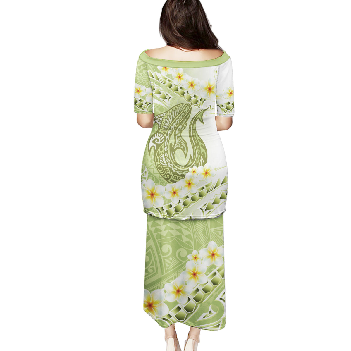 Green Hawaii Shark Tattoo Family Matching Puletasi and Hawaiian Shirt Frangipani With Polynesian Pastel Version