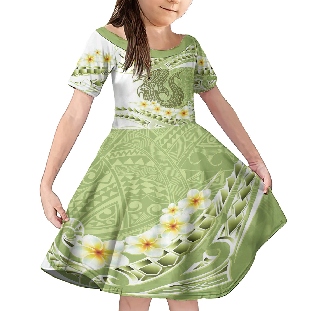 Green Hawaii Shark Tattoo Family Matching Summer Maxi Dress and Hawaiian Shirt Frangipani With Polynesian Pastel Version LT14 Daughter's Dress Green - Polynesian Pride
