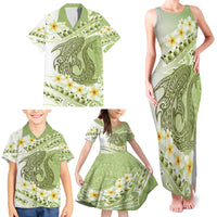 Green Hawaii Shark Tattoo Family Matching Tank Maxi Dress and Hawaiian Shirt Frangipani With Polynesian Pastel Version