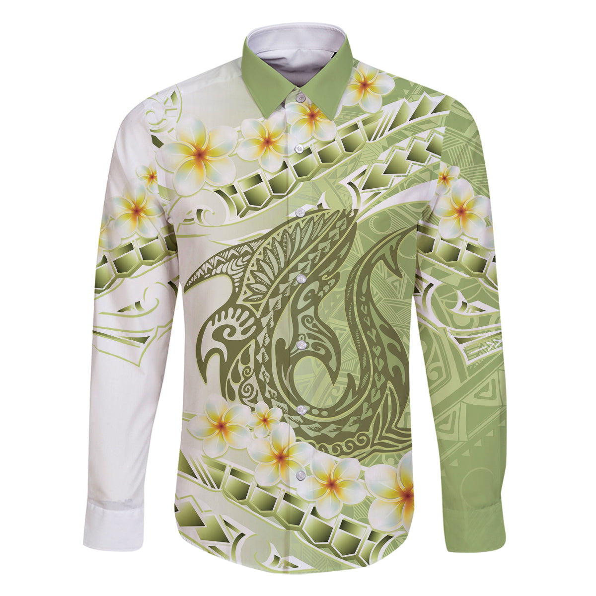Green Hawaii Shark Tattoo Family Matching Tank Maxi Dress and Hawaiian Shirt Frangipani With Polynesian Pastel Version