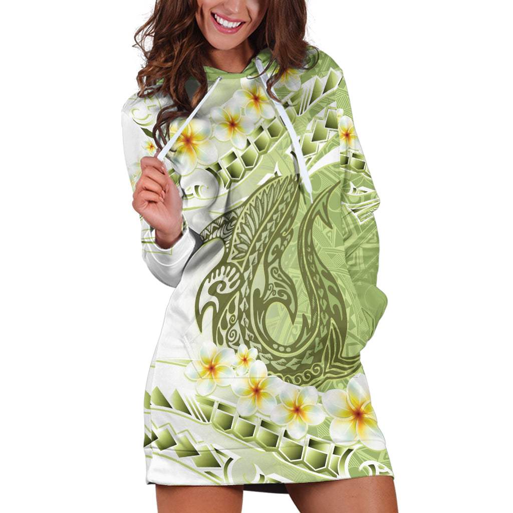 Green Hawaii Shark Tattoo Hoodie Dress Frangipani With Polynesian Pastel Version