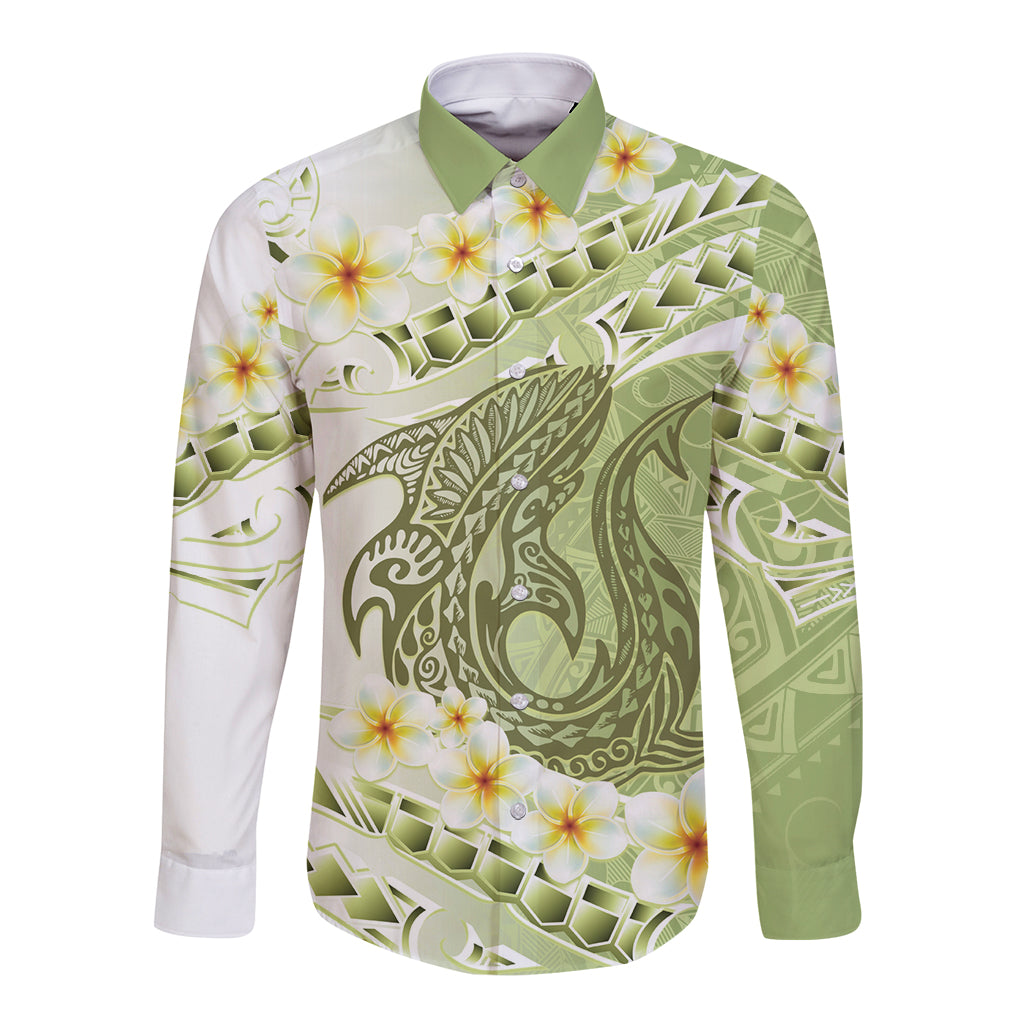 Green Hawaii Shark Tattoo Long Sleeve Button Shirt Frangipani With Polynesian Pastel Version LT14 Unisex Green - Polynesian Pride