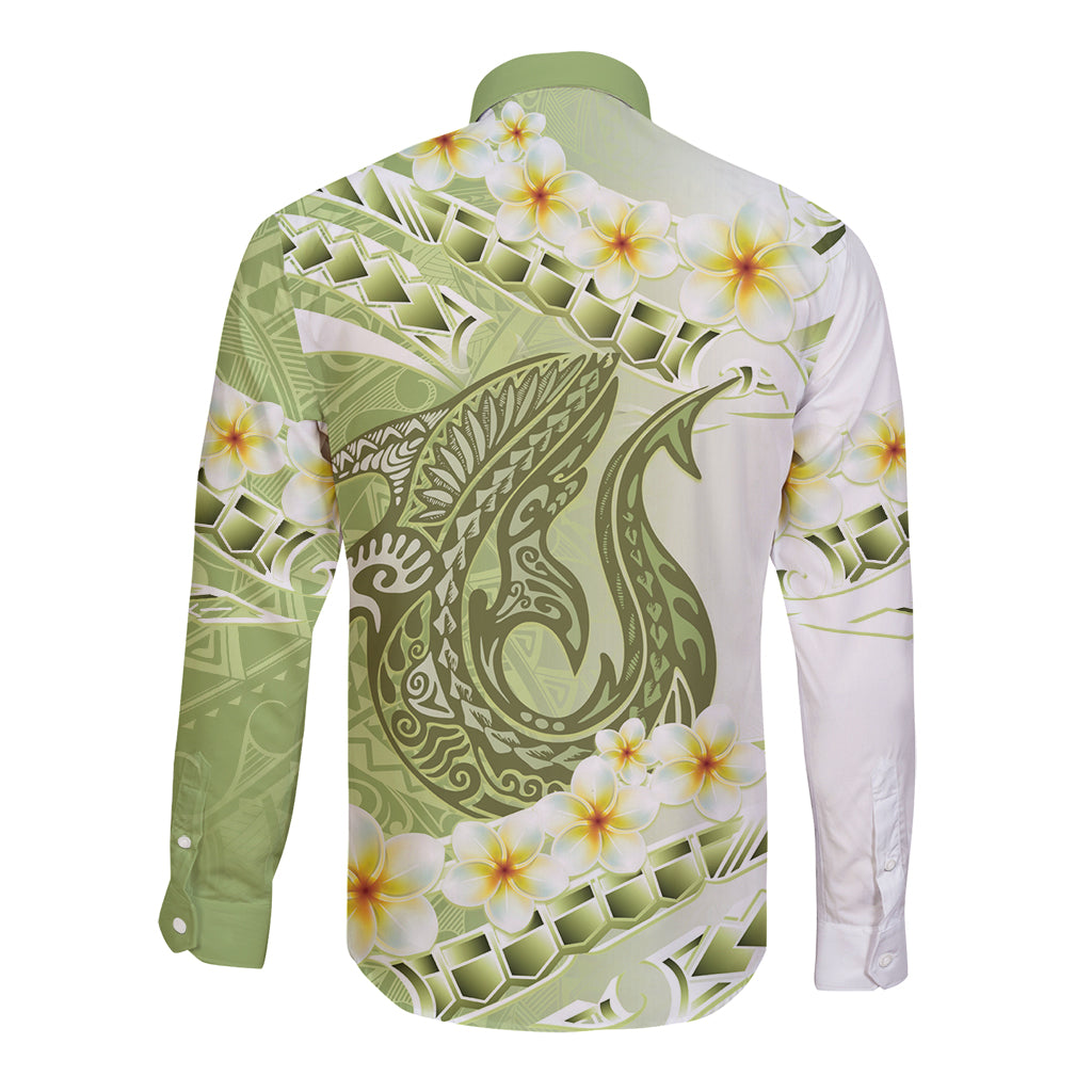 Green Hawaii Shark Tattoo Long Sleeve Button Shirt Frangipani With Polynesian Pastel Version
