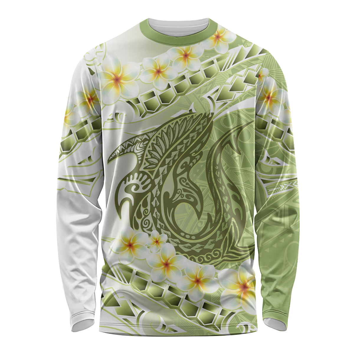 Green Hawaii Shark Tattoo Long Sleeve Shirt Frangipani With Polynesian Pastel Version LT14 Unisex Green - Polynesian Pride