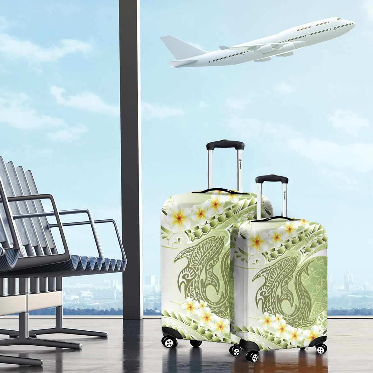 Green Hawaii Shark Tattoo Luggage Cover Frangipani With Polynesian Pastel Version