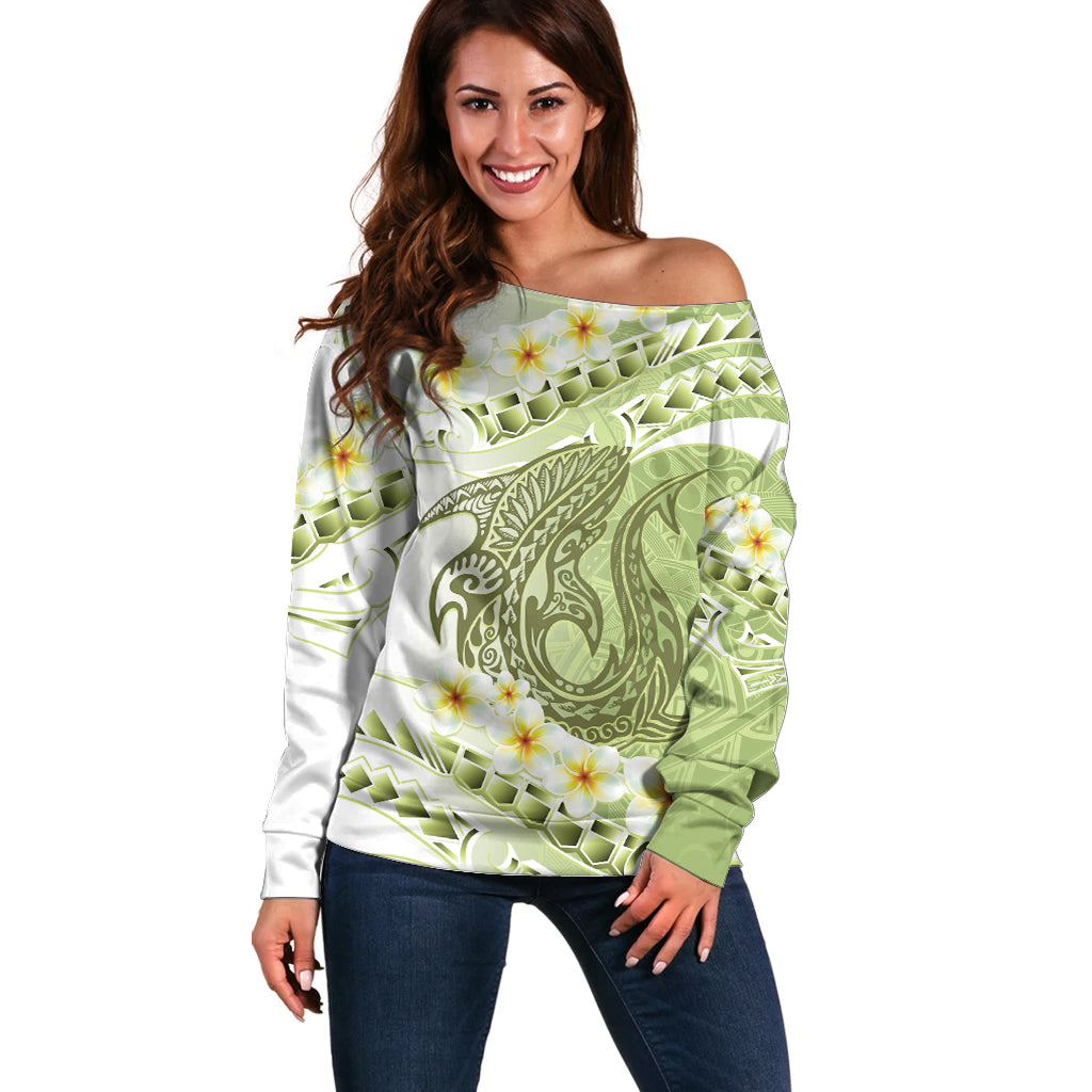 Green Hawaii Shark Tattoo Off Shoulder Sweater Frangipani With Polynesian Pastel Version