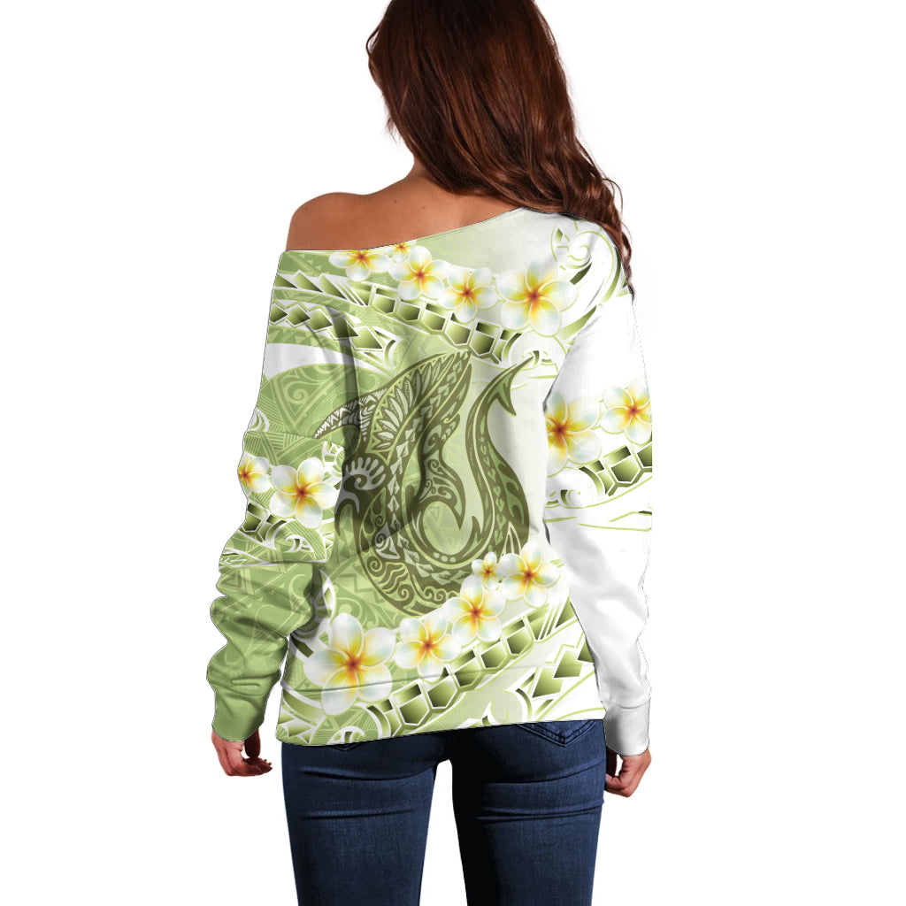 Green Hawaii Shark Tattoo Off Shoulder Sweater Frangipani With Polynesian Pastel Version