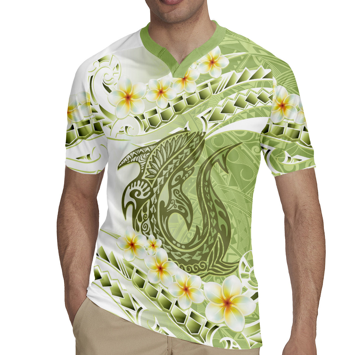 Green Hawaii Shark Tattoo Rugby Jersey Frangipani With Polynesian Pastel Version