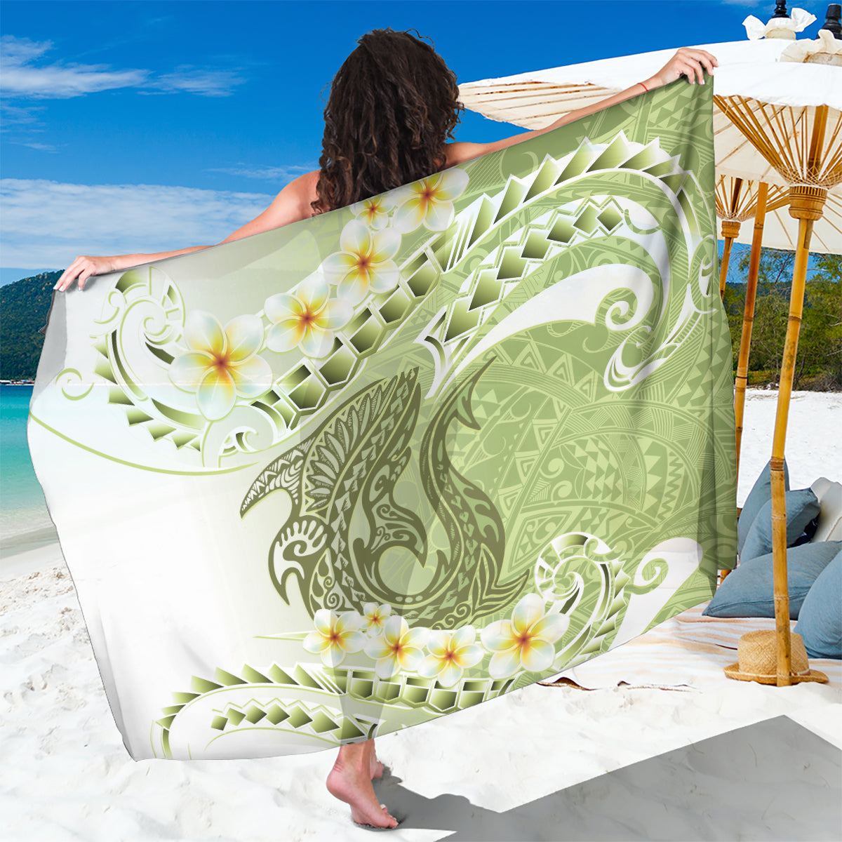 Green Hawaii Shark Tattoo Sarong Frangipani With Polynesian Pastel Version