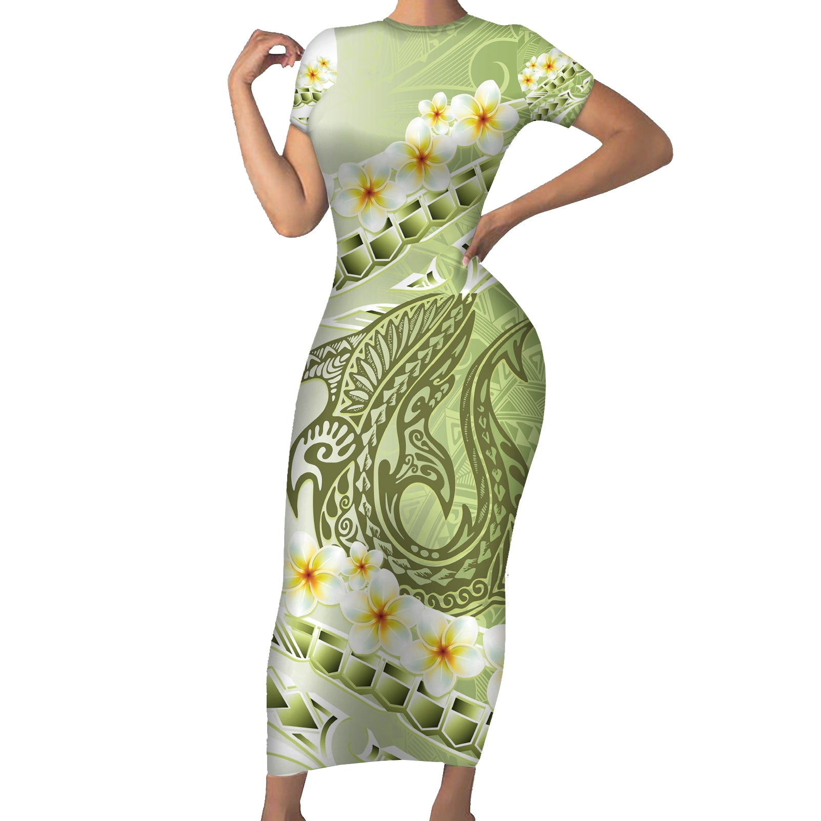 Green Hawaii Shark Tattoo Short Sleeve Bodycon Dress Frangipani With Polynesian Pastel Version