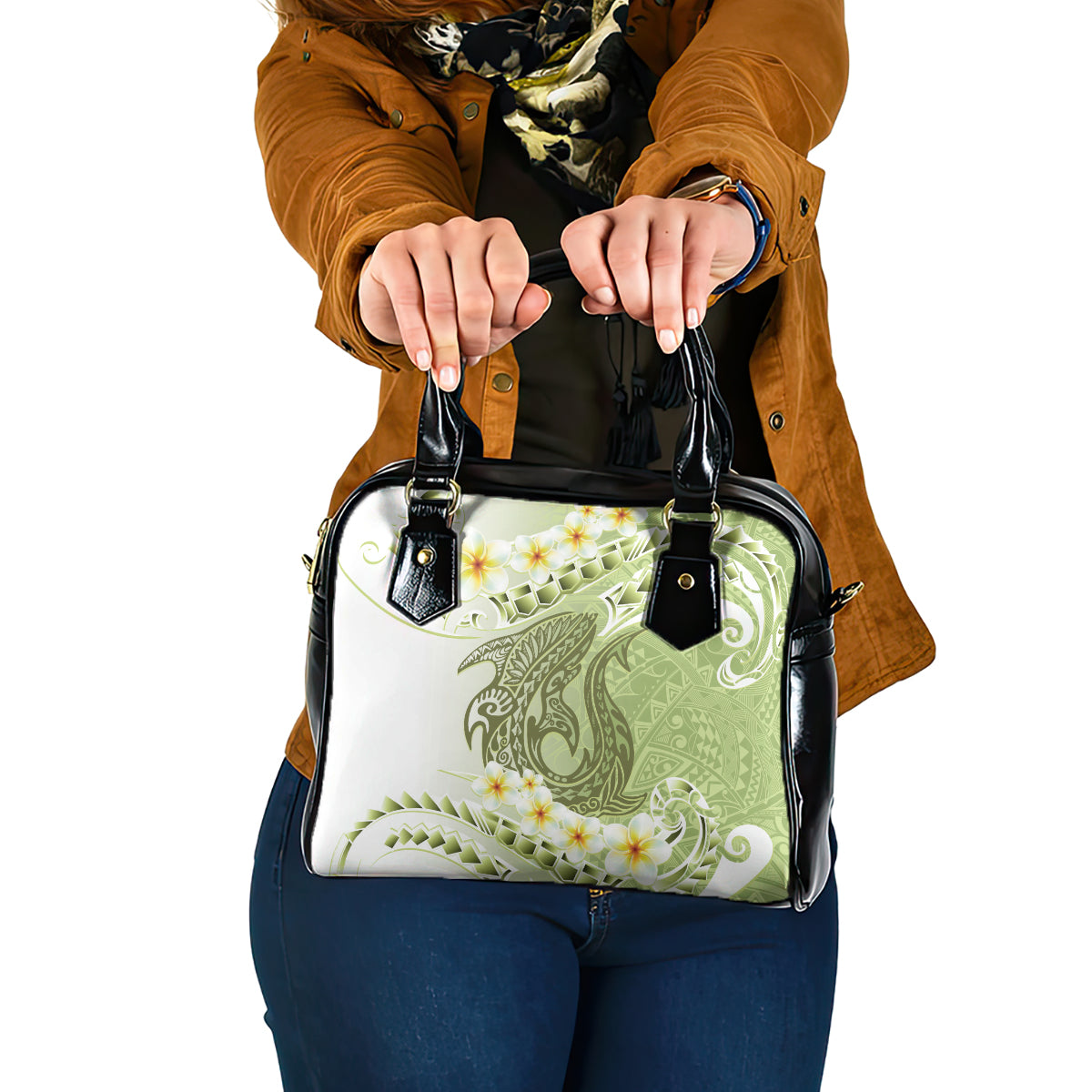 Green Hawaii Shark Tattoo Shoulder Handbag Frangipani With Polynesian Pastel Version LT14 One Size Green - Polynesian Pride