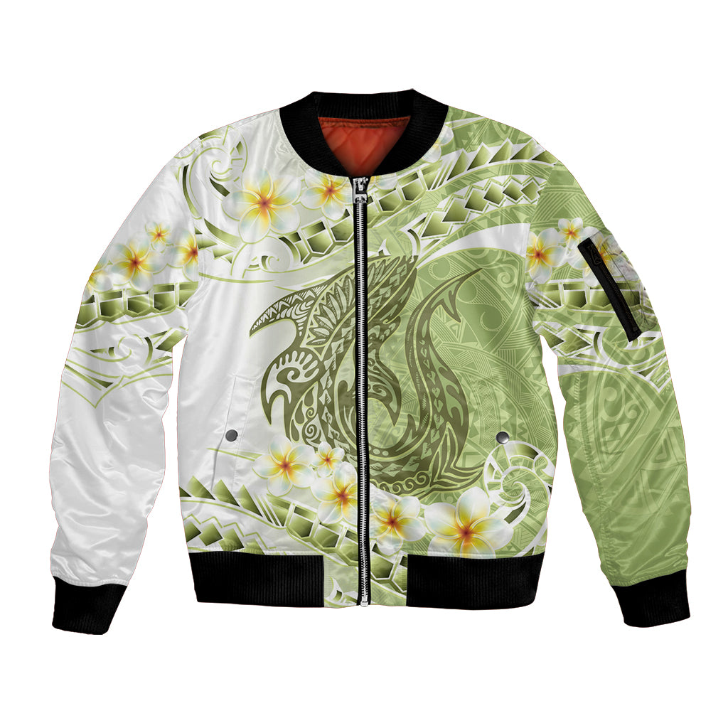 Green Hawaii Shark Tattoo Sleeve Zip Bomber Jacket Frangipani With Polynesian Pastel Version