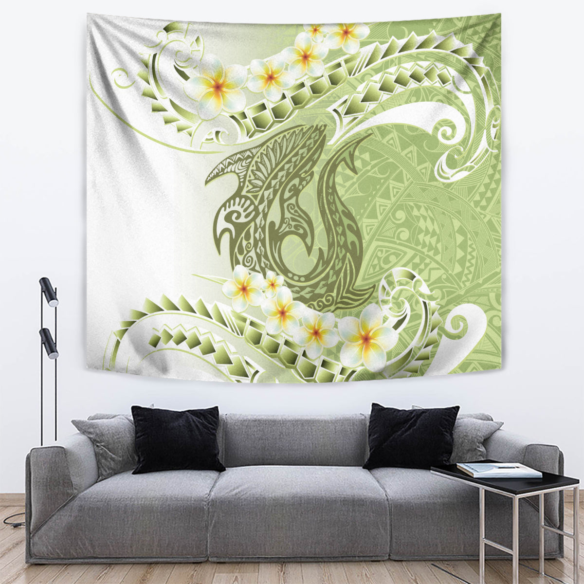 Green Hawaii Shark Tattoo Tapestry Frangipani With Polynesian Pastel Version LT14 Green - Polynesian Pride