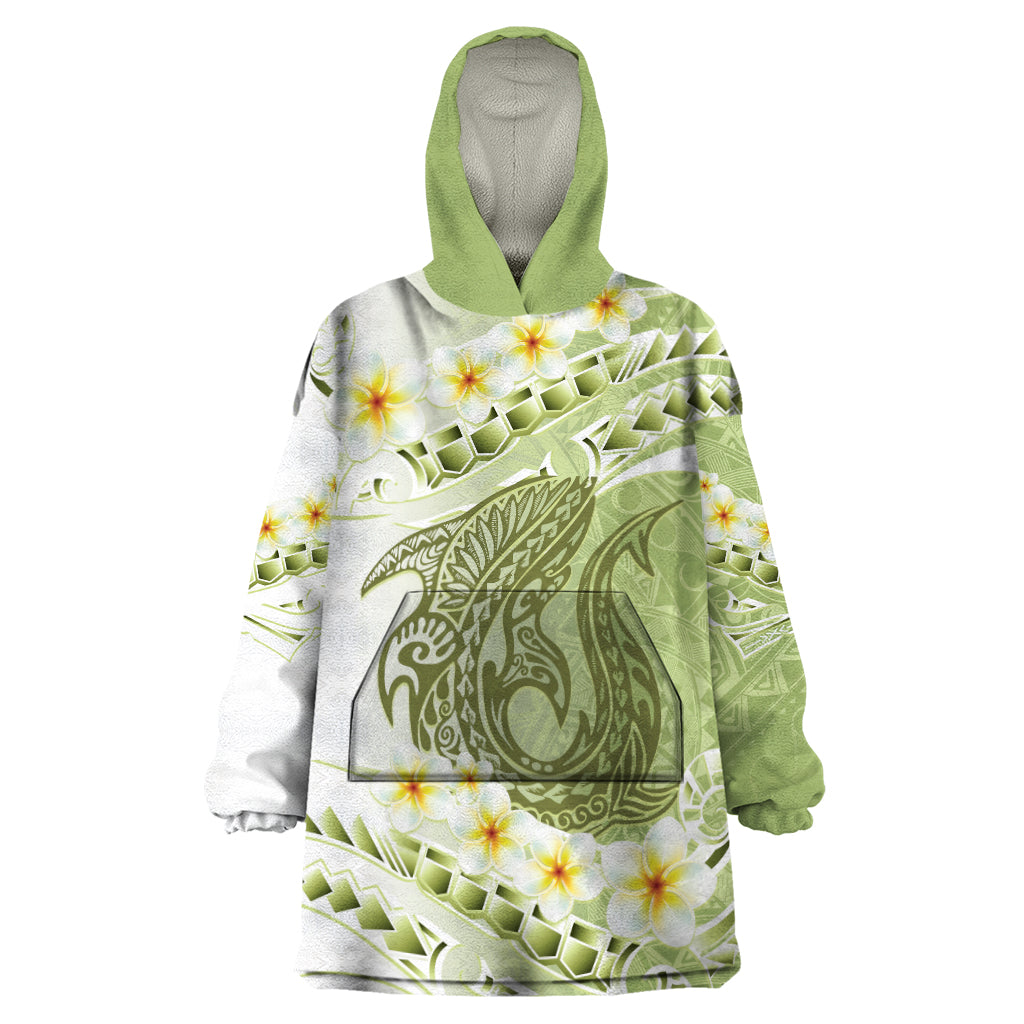 Green Hawaii Shark Tattoo Wearable Blanket Hoodie Frangipani With Polynesian Pastel Version