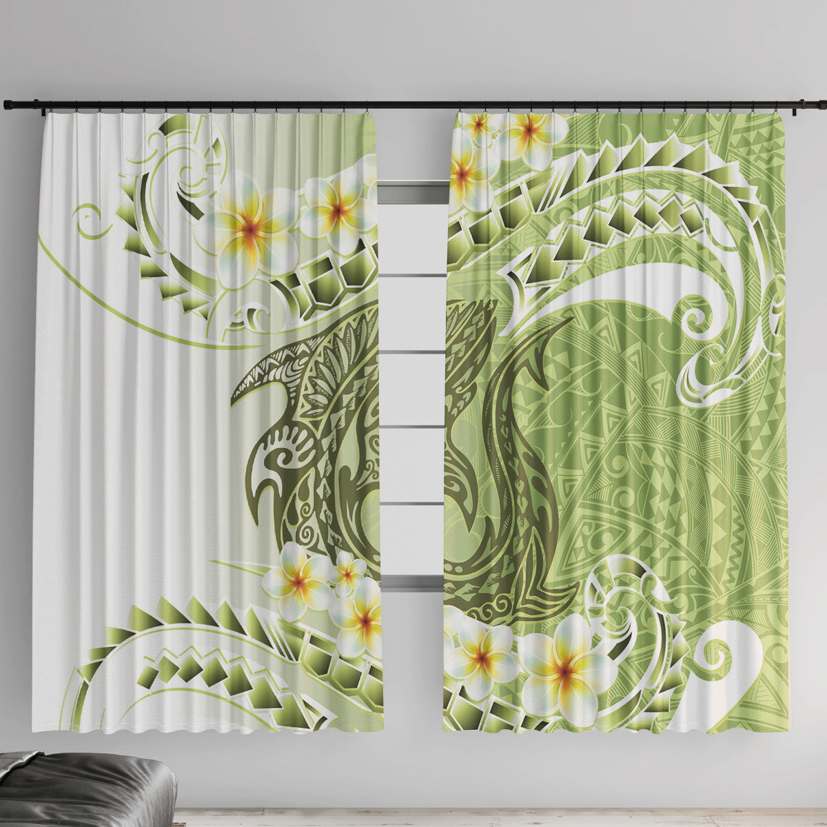 Green Hawaii Shark Tattoo Window Curtain Frangipani With Polynesian Pastel Version LT14 With Hooks Green - Polynesian Pride