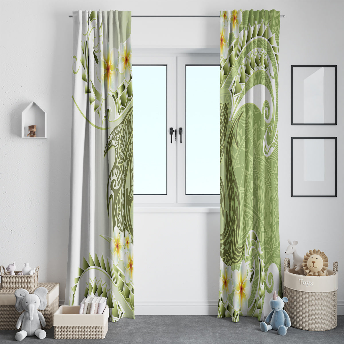 Green Hawaii Shark Tattoo Window Curtain Frangipani With Polynesian Pastel Version LT14 - Polynesian Pride