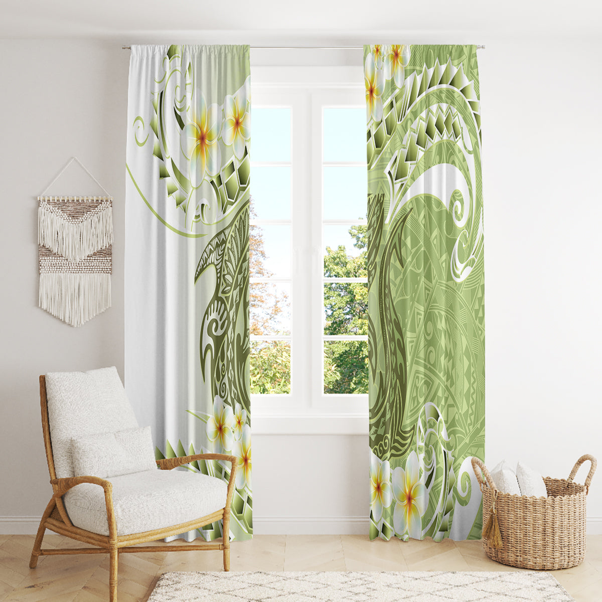 Green Hawaii Shark Tattoo Window Curtain Frangipani With Polynesian Pastel Version LT14 - Polynesian Pride