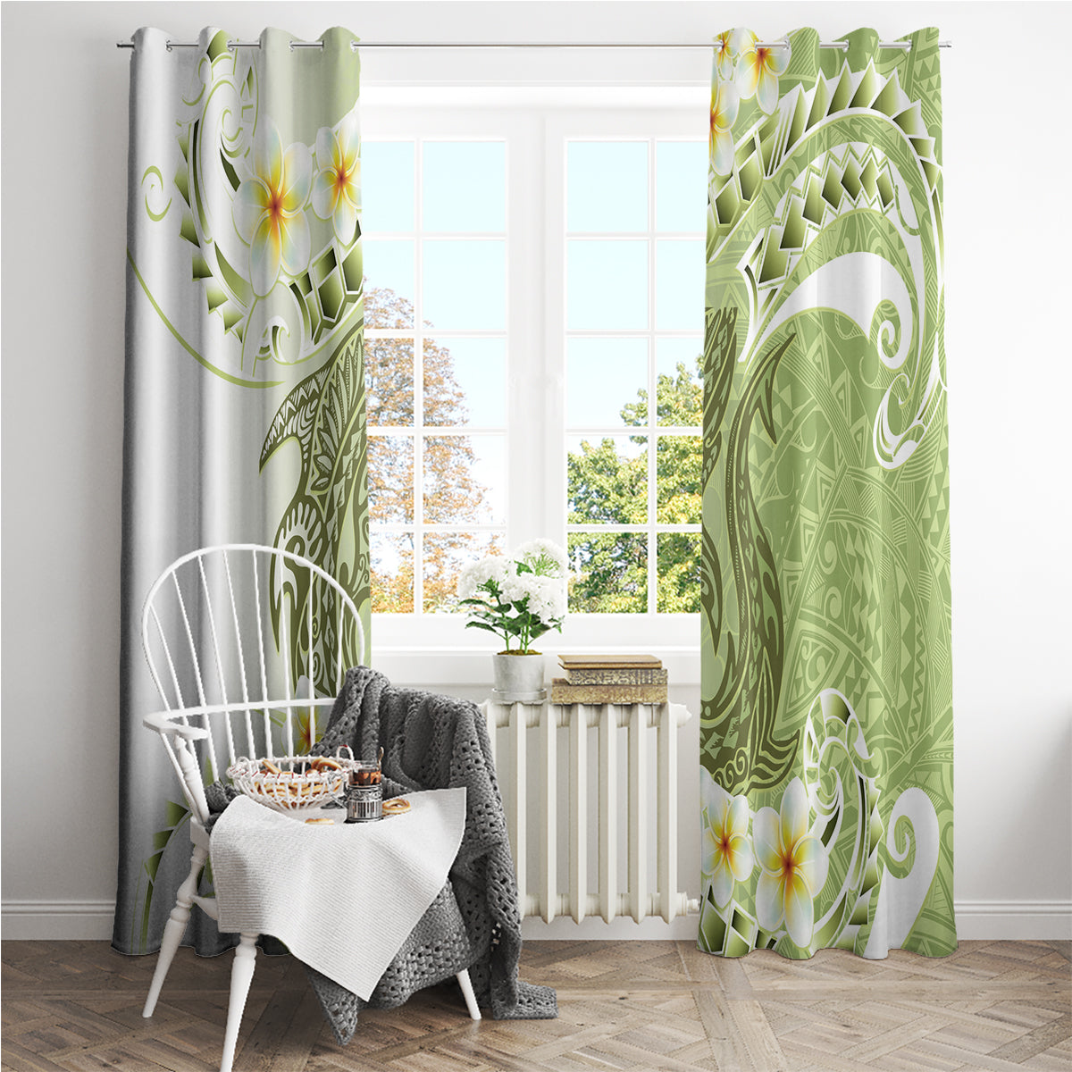 Green Hawaii Shark Tattoo Window Curtain Frangipani With Polynesian Pastel Version LT14 - Polynesian Pride