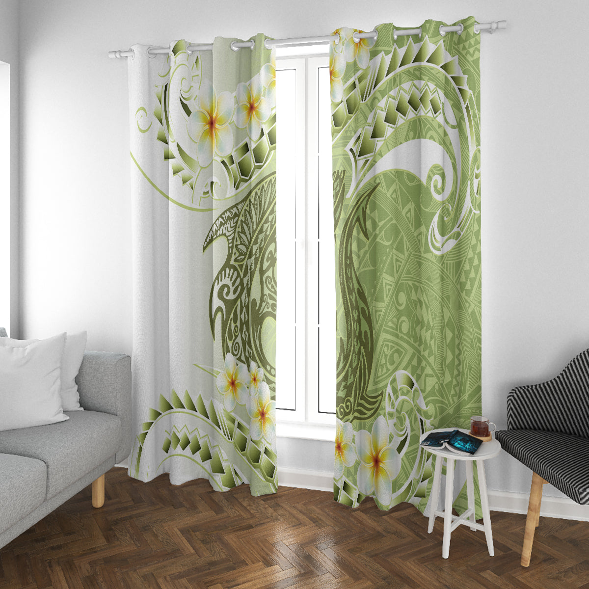 Green Hawaii Shark Tattoo Window Curtain Frangipani With Polynesian Pastel Version LT14 With Grommets Green - Polynesian Pride