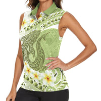 Green Hawaii Shark Tattoo Women Sleeveless Polo Shirt Frangipani With Polynesian Pastel Version