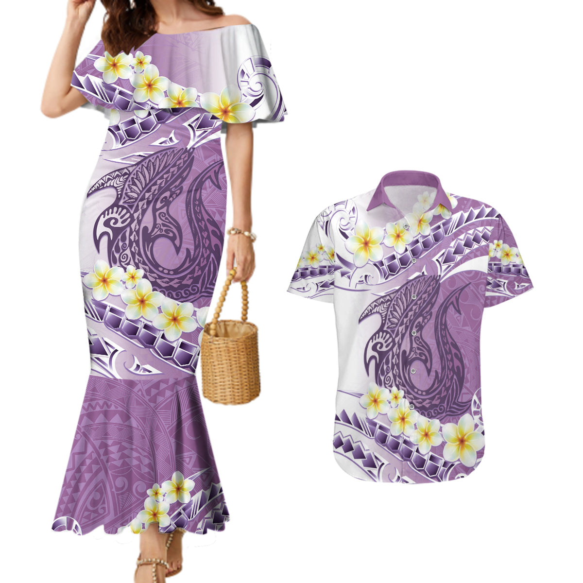 Purple Hawaii Shark Tattoo Couples Matching Mermaid Dress and Hawaiian Shirt Frangipani With Polynesian Pastel Version