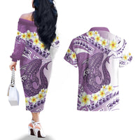 Purple Hawaii Shark Tattoo Couples Matching Off The Shoulder Long Sleeve Dress and Hawaiian Shirt Frangipani With Polynesian Pastel Version