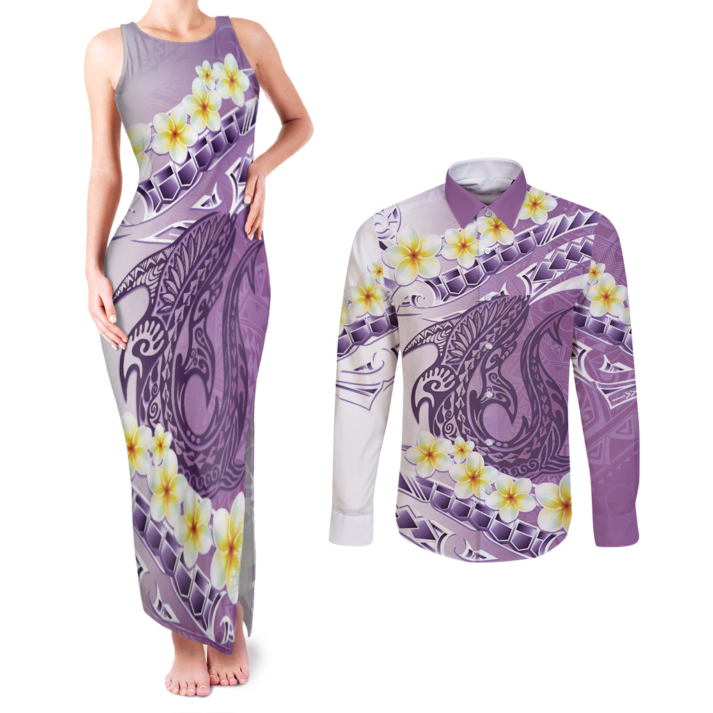 Purple Hawaii Shark Tattoo Couples Matching Tank Maxi Dress and Long Sleeve Button Shirt Frangipani With Polynesian Pastel Version