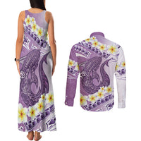 Purple Hawaii Shark Tattoo Couples Matching Tank Maxi Dress and Long Sleeve Button Shirt Frangipani With Polynesian Pastel Version