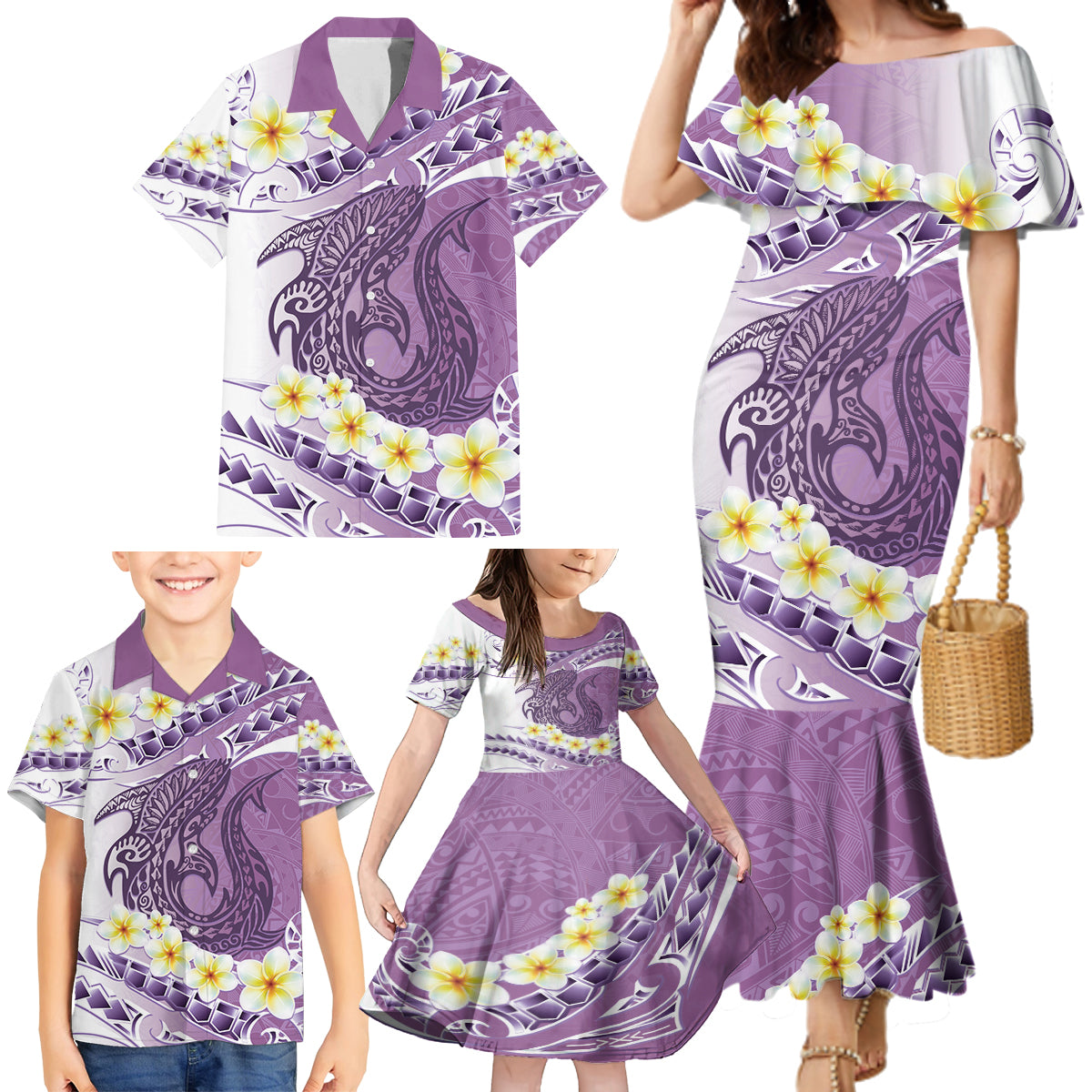 Purple Hawaii Shark Tattoo Family Matching Mermaid Dress and Hawaiian Shirt Frangipani With Polynesian Pastel Version