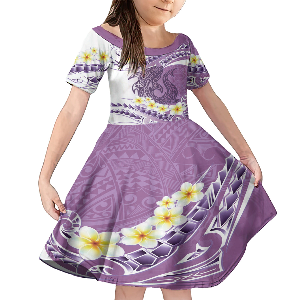 Purple Hawaii Shark Tattoo Family Matching Off The Shoulder Long Sleeve Dress and Hawaiian Shirt Frangipani With Polynesian Pastel Version LT14 Daughter's Dress Purple - Polynesian Pride