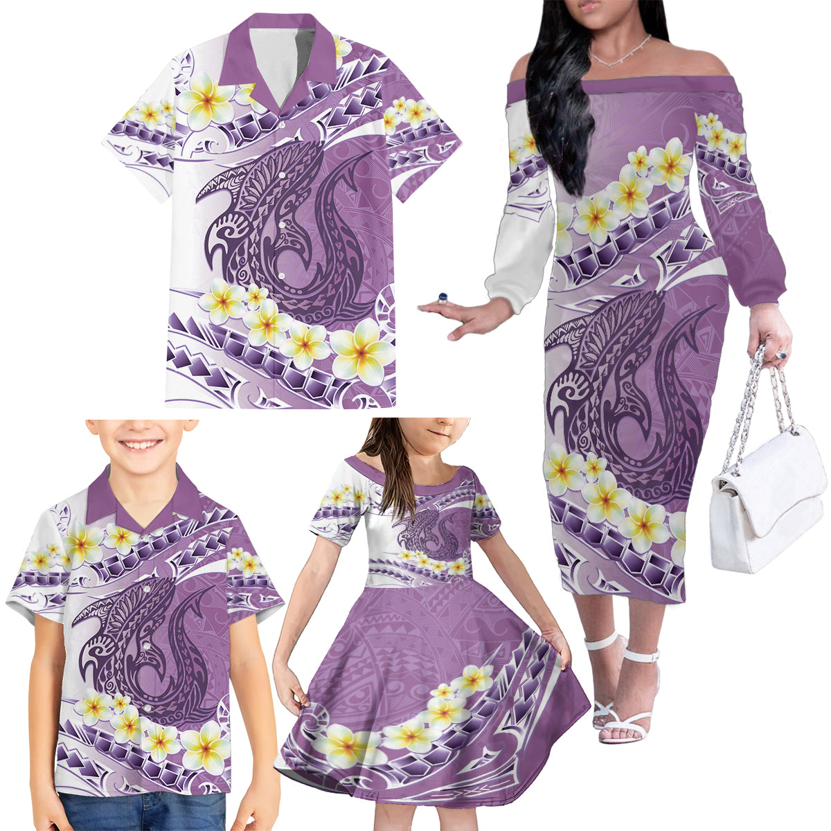Purple Hawaii Shark Tattoo Family Matching Off The Shoulder Long Sleeve Dress and Hawaiian Shirt Frangipani With Polynesian Pastel Version LT14 - Polynesian Pride