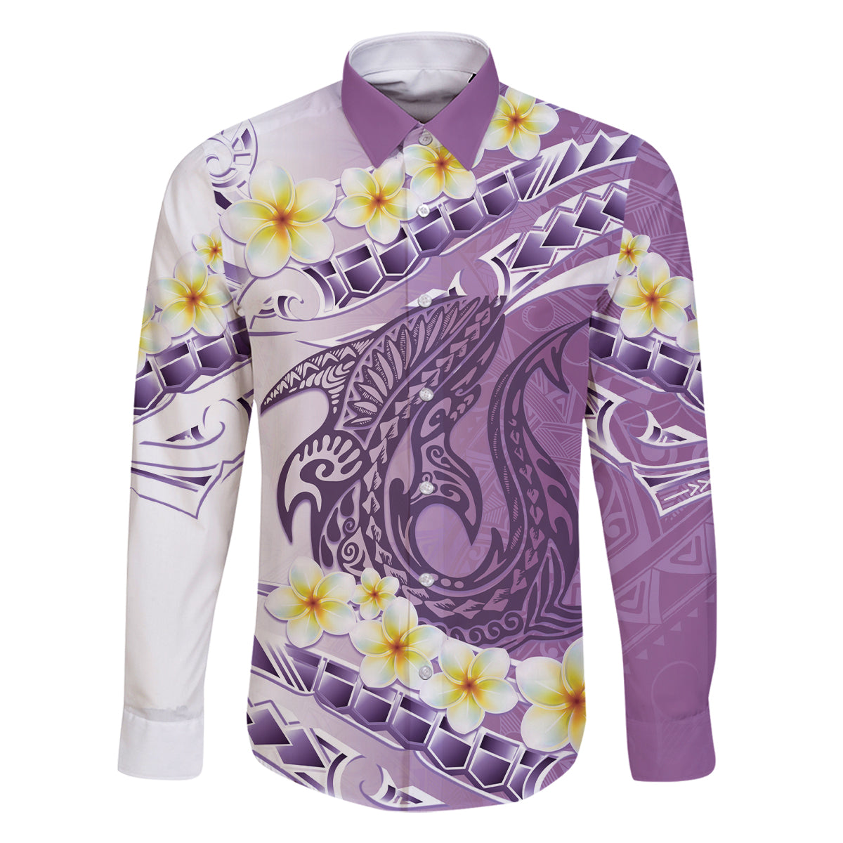 Purple Hawaii Shark Tattoo Family Matching Off The Shoulder Long Sleeve Dress and Hawaiian Shirt Frangipani With Polynesian Pastel Version LT14 Dad's Shirt - Long Sleeve Purple - Polynesian Pride