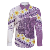 Purple Hawaii Shark Tattoo Family Matching Off The Shoulder Long Sleeve Dress and Hawaiian Shirt Frangipani With Polynesian Pastel Version LT14 Dad's Shirt - Long Sleeve Purple - Polynesian Pride